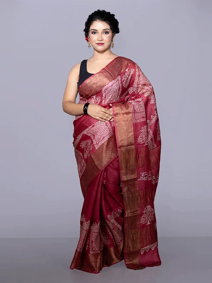 Par Anchal Buti Block Printed Tussar Silk Saree - WeaversIndia