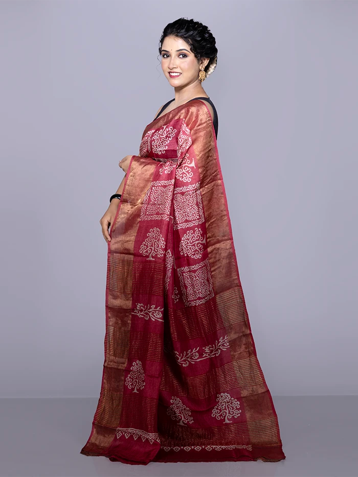 Par Anchal Buti Block Printed Tussar Silk Saree