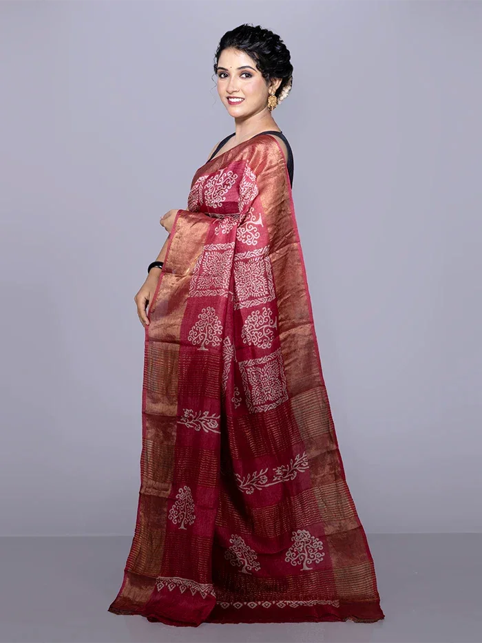 Par Anchal Buti Block Printed Tussar Silk Saree - WeaversIndia