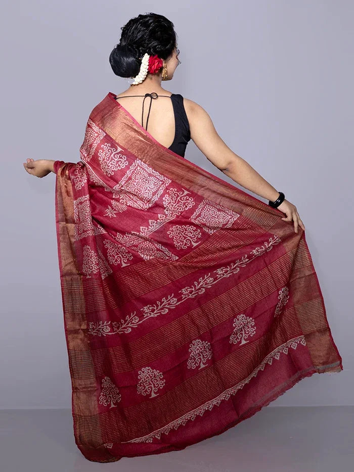 Par Anchal Buti Block Printed Tussar Silk Saree - WeaversIndia