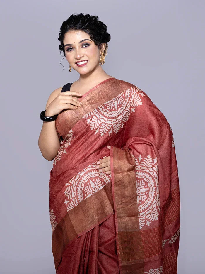 Par Anchal Buti Block Printed Tussar Silk Saree - WeaversIndia
