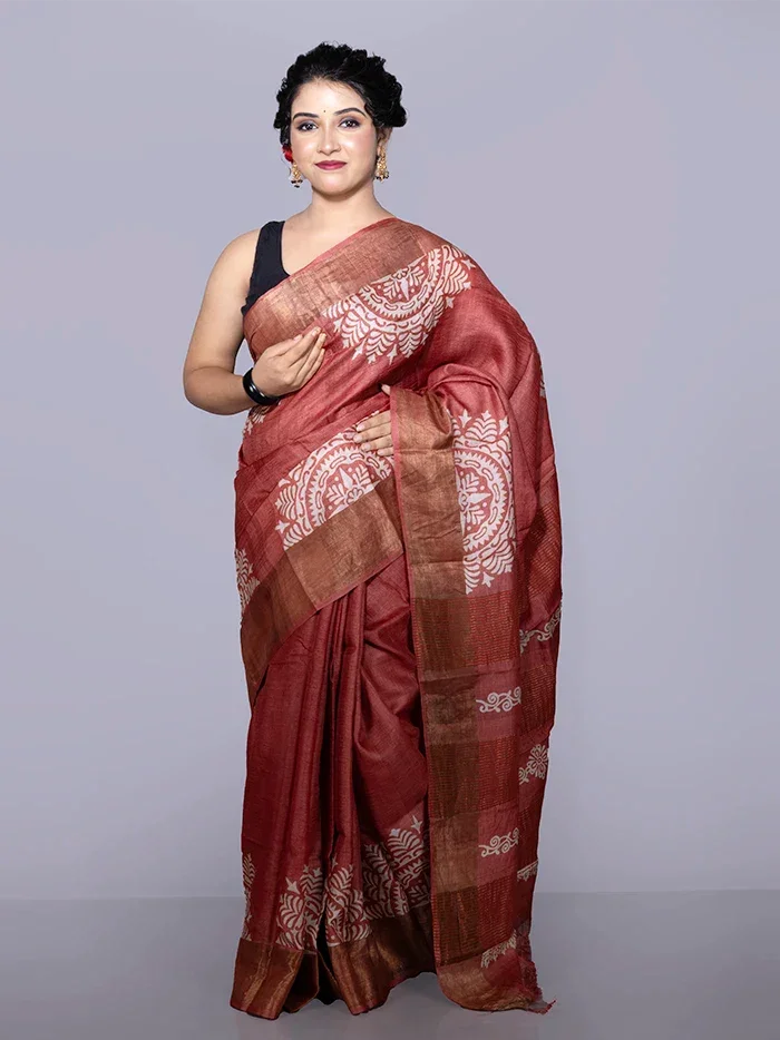 Par Anchal Buti Block Printed Tussar Silk Saree - WeaversIndia
