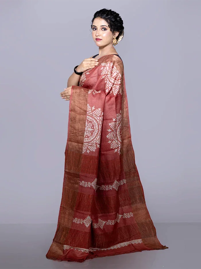 Par Anchal Buti Block Printed Tussar Silk Saree - WeaversIndia