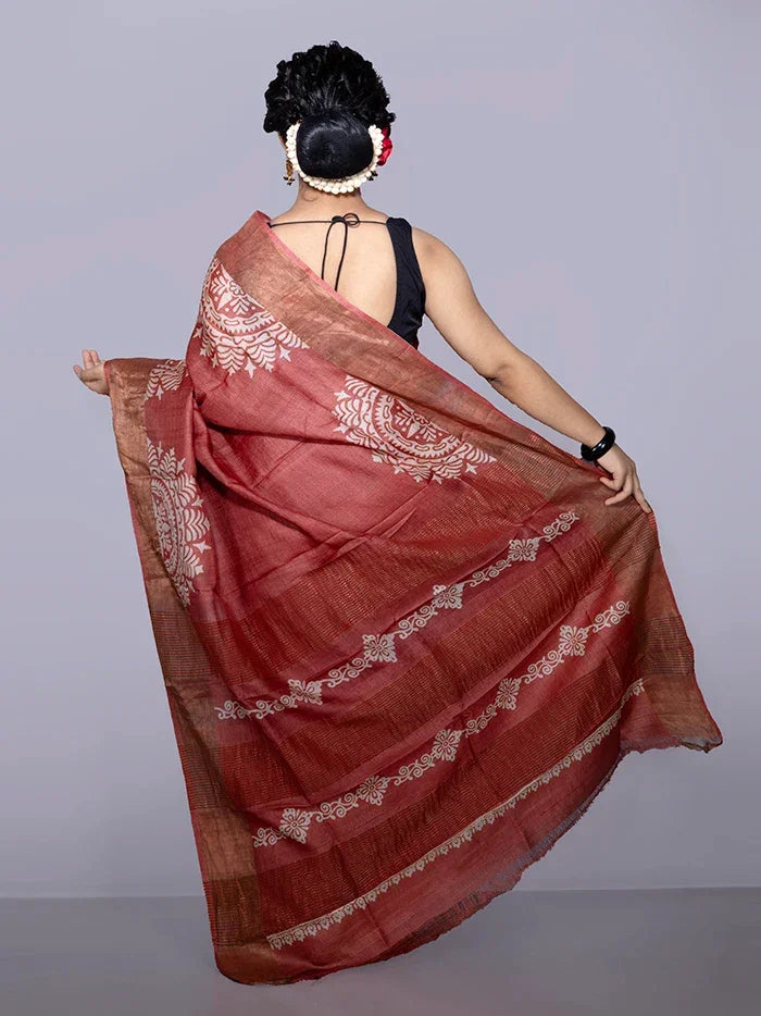 Par Anchal Buti Block Printed Tussar Silk Saree - WeaversIndia
