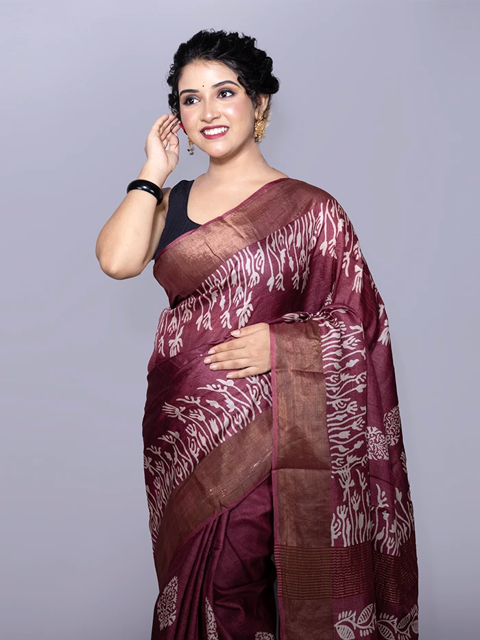 Par Anchal Buti Block Printed Tussar Silk Saree