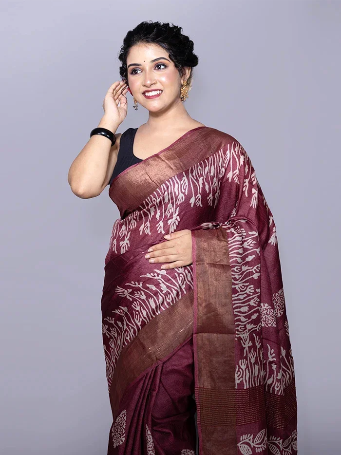 Par Anchal Buti Block Printed Tussar Silk Saree - WeaversIndia