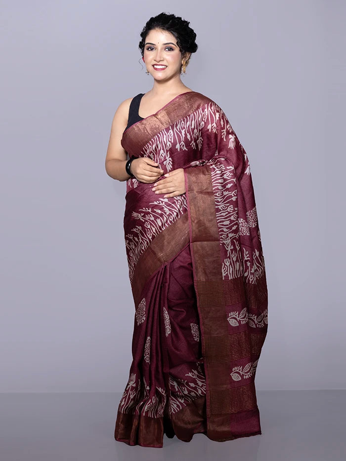 Par Anchal Buti Block Printed Tussar Silk Saree