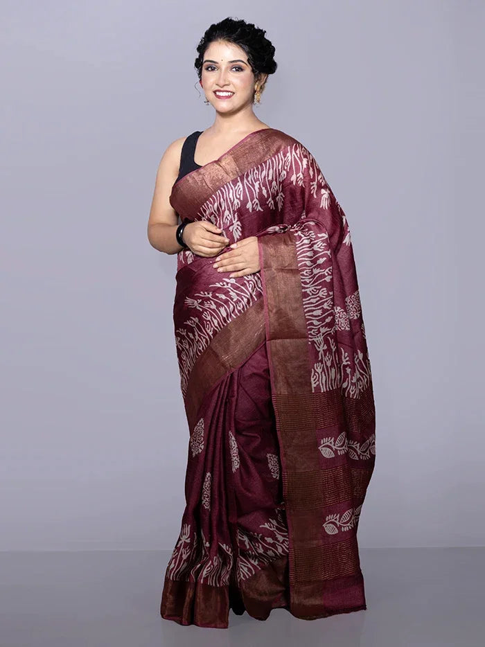 Par Anchal Buti Block Printed Tussar Silk Saree - WeaversIndia