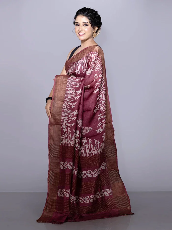 Par Anchal Buti Block Printed Tussar Silk Saree - WeaversIndia