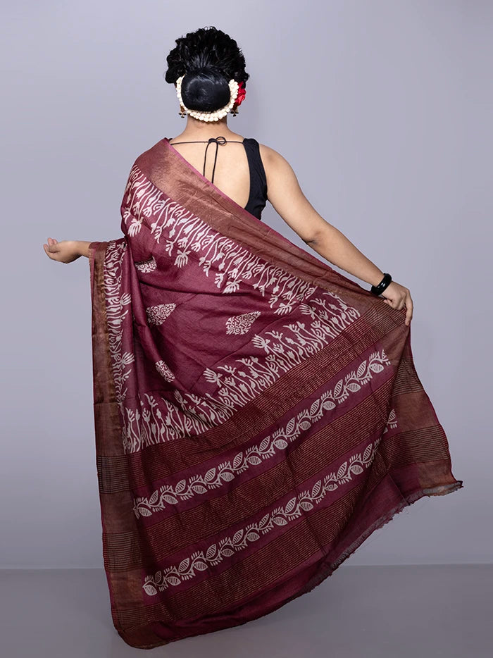 Par Anchal Buti Block Printed Tussar Silk Saree