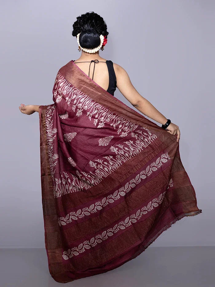 Par Anchal Buti Block Printed Tussar Silk Saree - WeaversIndia