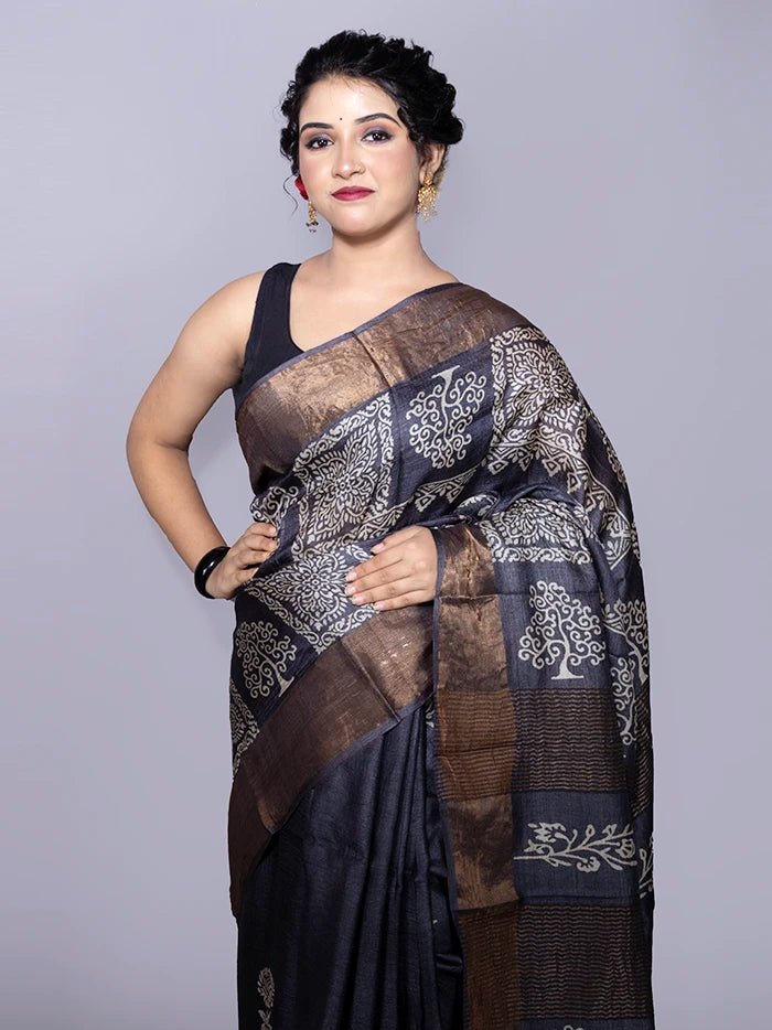 Black Par Anchal Buti Block Printed Tussar Silk Saree