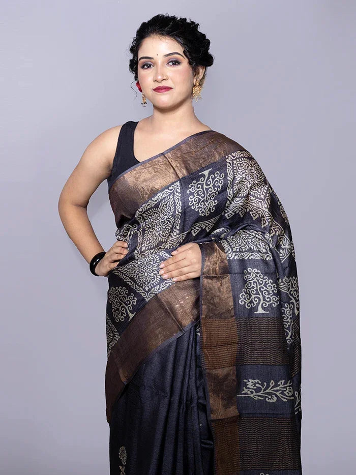 Black Par Anchal Buti Block Printed Tussar Silk Saree - WeaversIndia