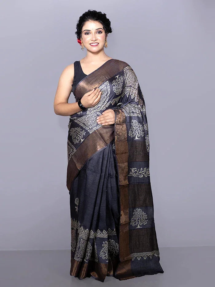Black Par Anchal Buti Block Printed Tussar Silk Saree - WeaversIndia