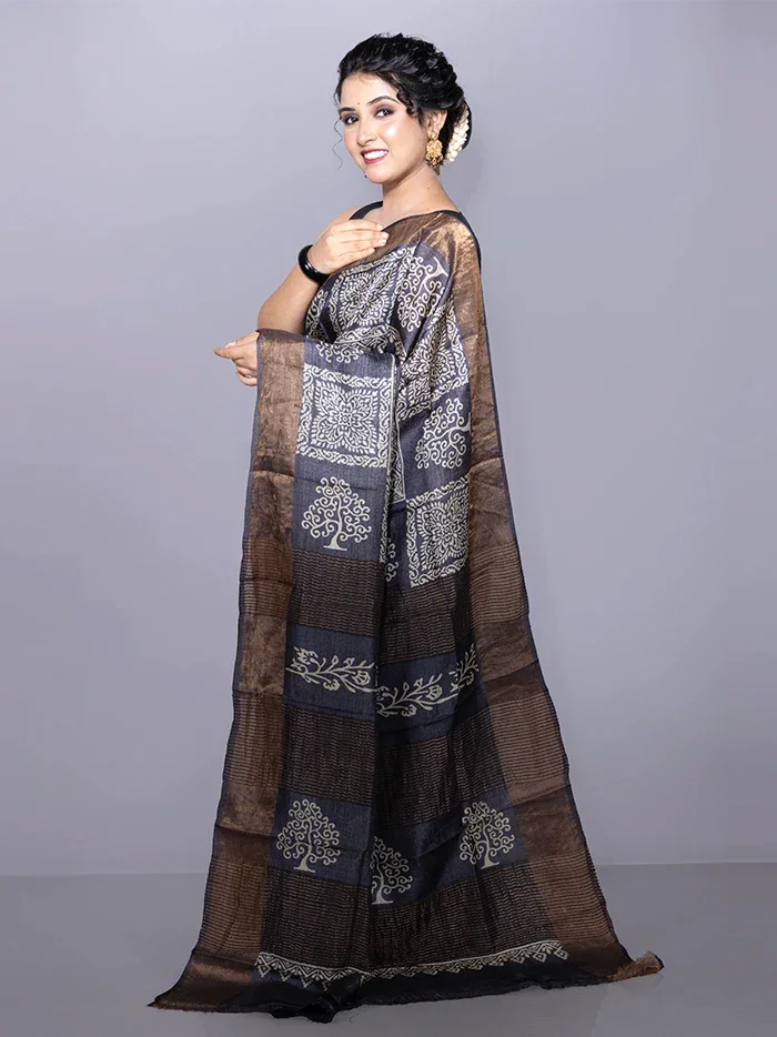 Black Par Anchal Buti Block Printed Tussar Silk Saree - WeaversIndia
