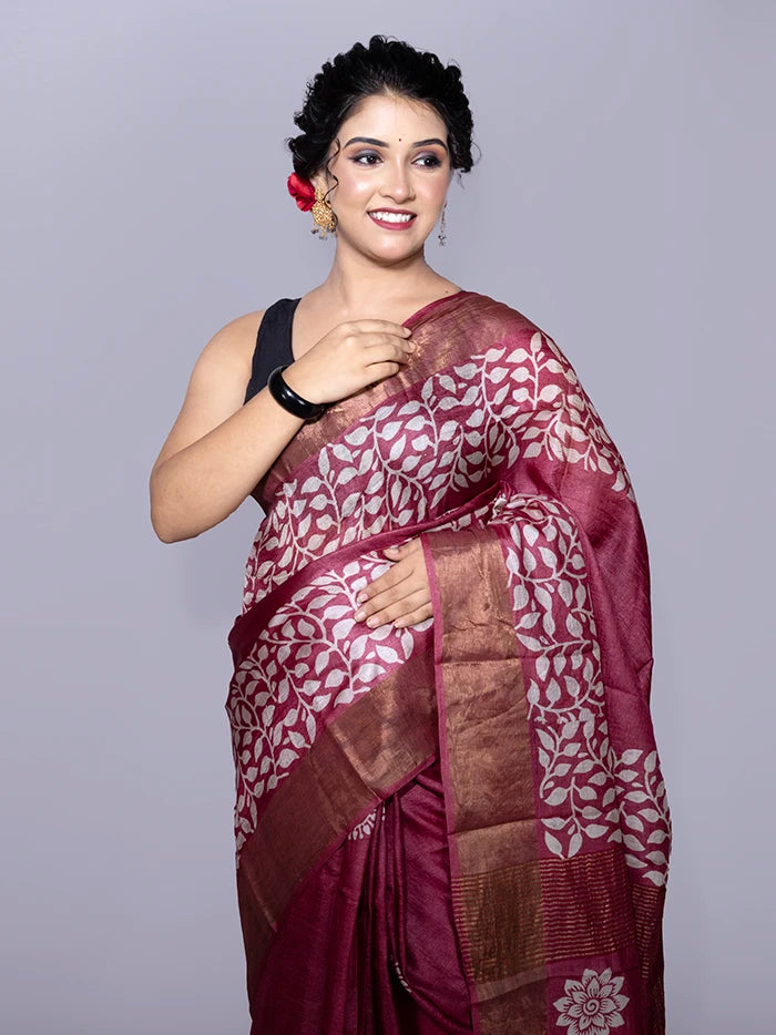 Par Anchal Buti Block Printed Tussar Silk Saree
