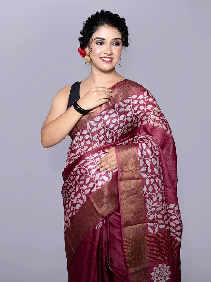 Par Anchal Buti Block Printed Tussar Silk Saree - WeaversIndia