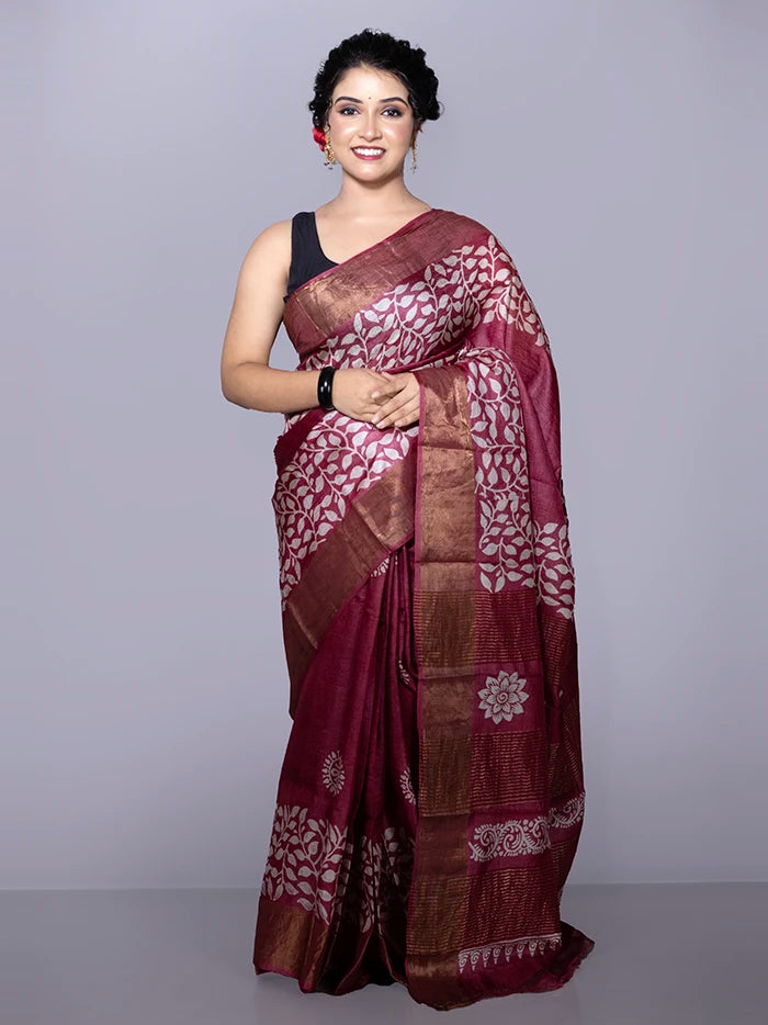 Par Anchal Buti Block Printed Tussar Silk Saree