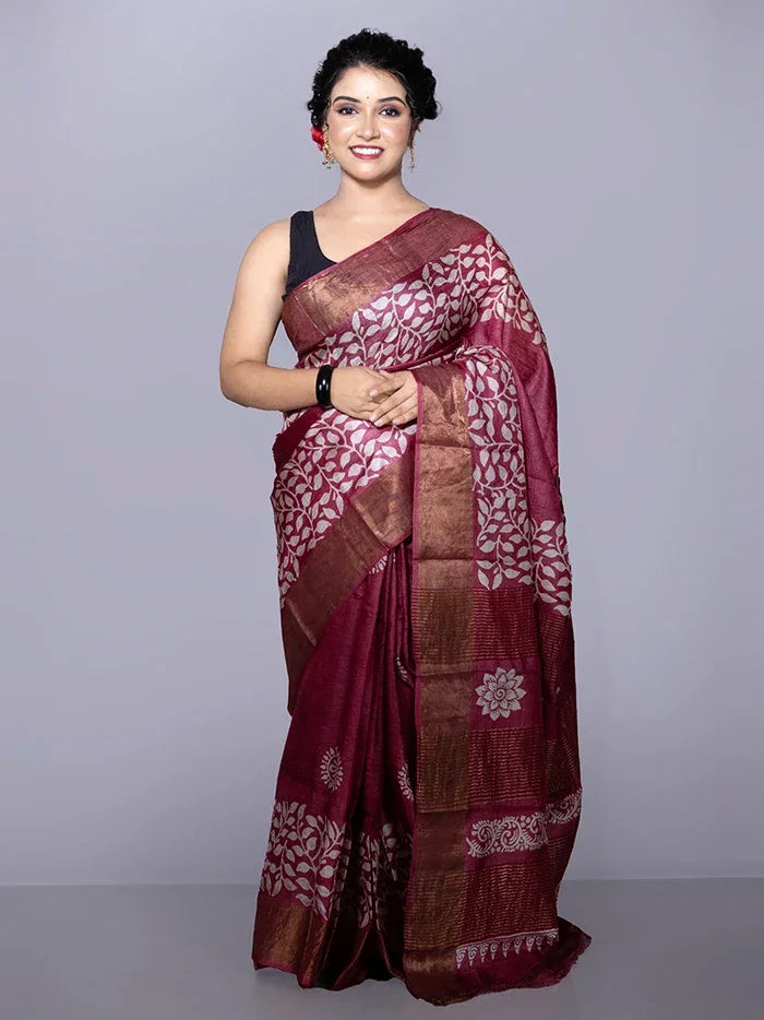 Par Anchal Buti Block Printed Tussar Silk Saree - WeaversIndia