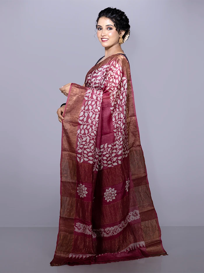 Par Anchal Buti Block Printed Tussar Silk Saree