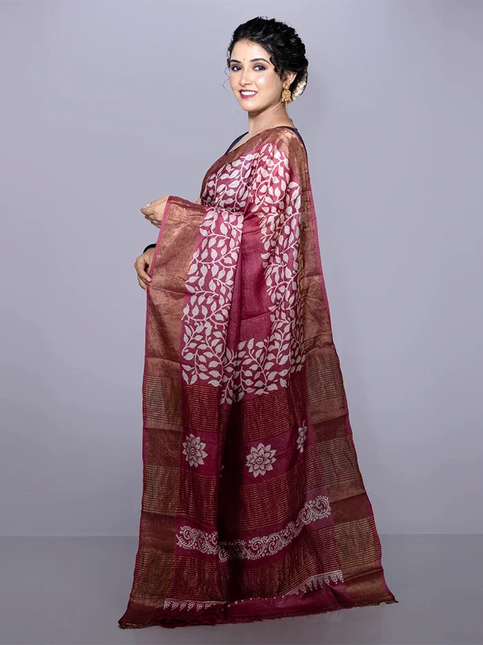Par Anchal Buti Block Printed Tussar Silk Saree - WeaversIndia