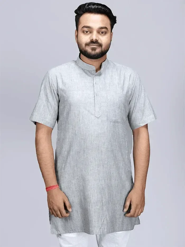 Black Grey Handwoven Organic Cotton Men Kurta - WeaversIndia
