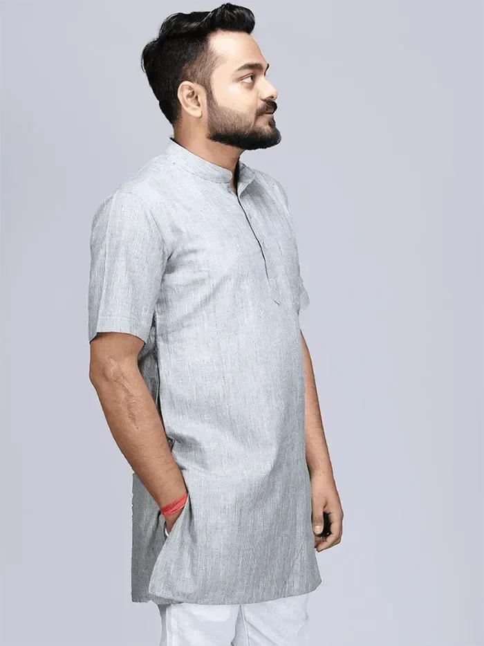 Black Grey Handwoven Organic Cotton Men Kurta - WeaversIndia