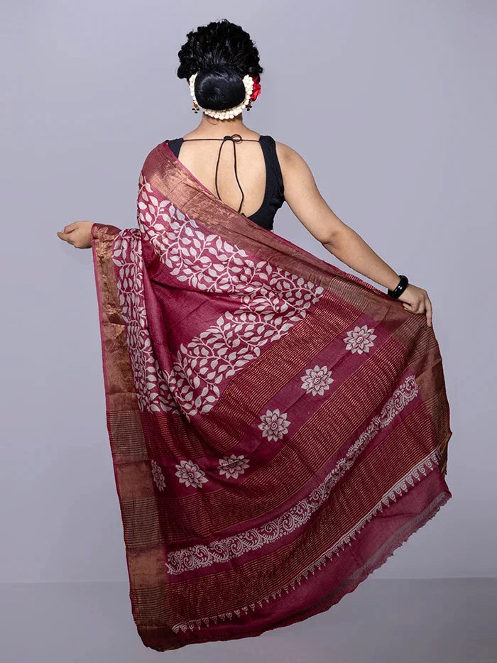 Par Anchal Buti Block Printed Tussar Silk Saree - WeaversIndia