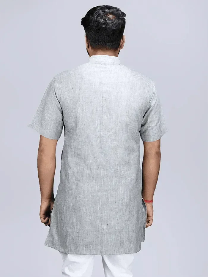 Black Grey Handwoven Organic Cotton Men Kurta - WeaversIndia