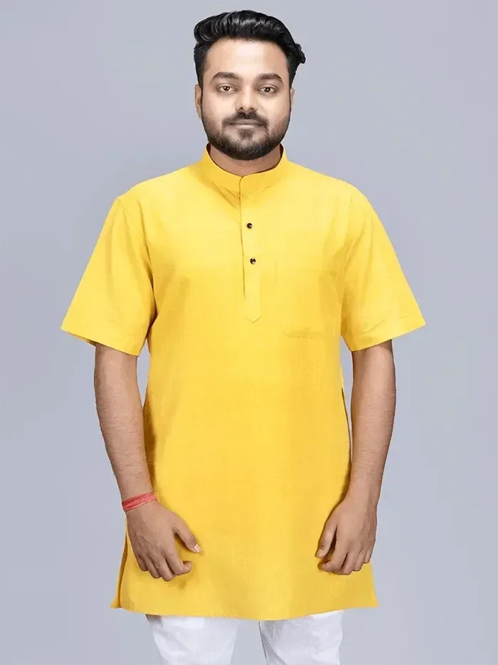 Yellow Handwoven Organic Cotton Men Kurta - WeaversIndia