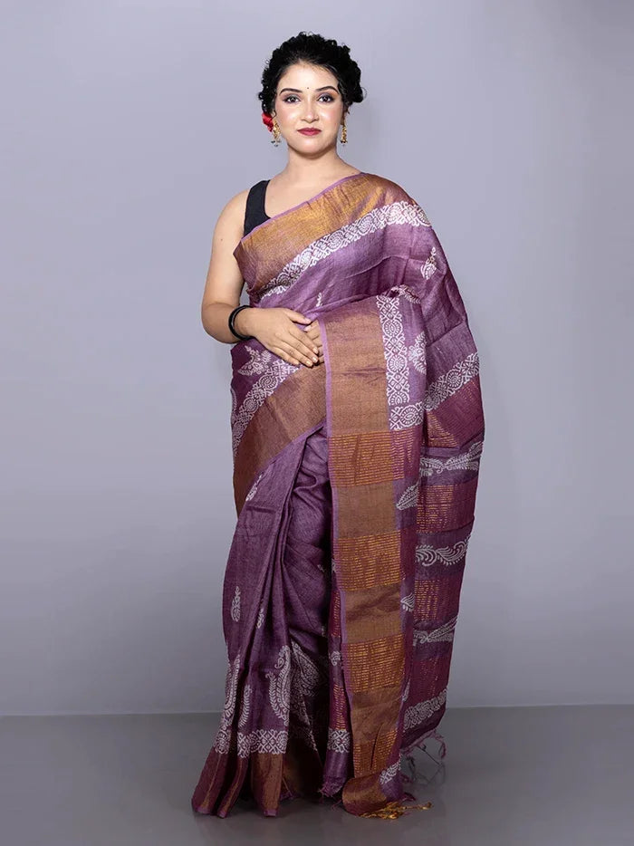 Elegant Par Anchal Buti Block Printed Tussar Silk Saree - WeaversIndia