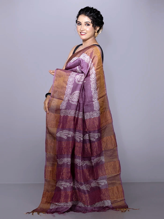 Elegant Par Anchal Buti Block Printed Tussar Silk Saree