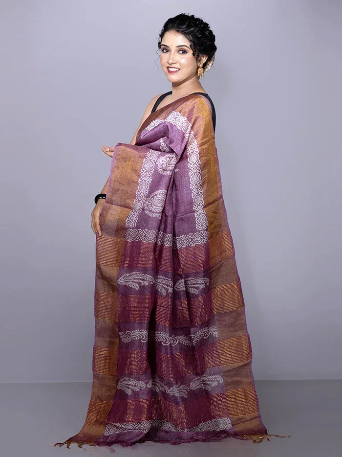 Elegant Par Anchal Buti Block Printed Tussar Silk Saree - WeaversIndia