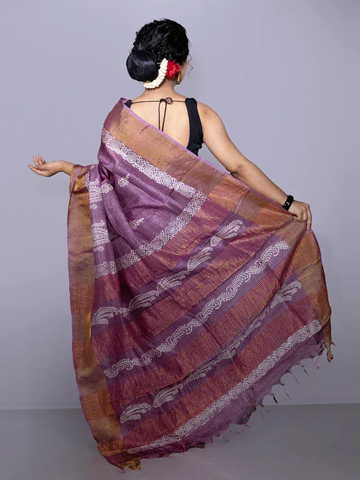 Elegant Par Anchal Buti Block Printed Tussar Silk Saree - WeaversIndia