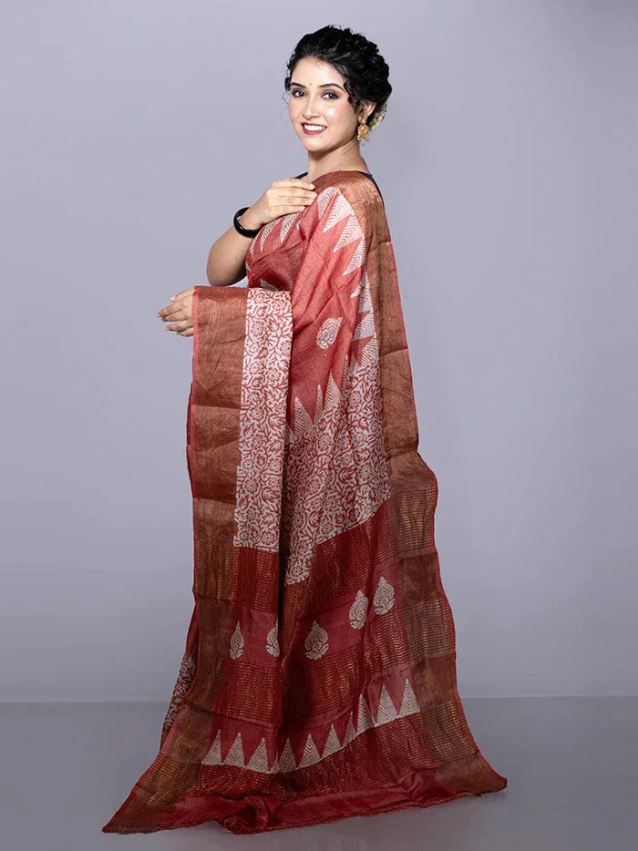 Elegant Par Anchal Buti Block Printed Tussar Silk Saree - WeaversIndia
