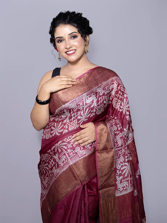 Elegant Par Anchal Buti Block Printed Tussar Silk Saree