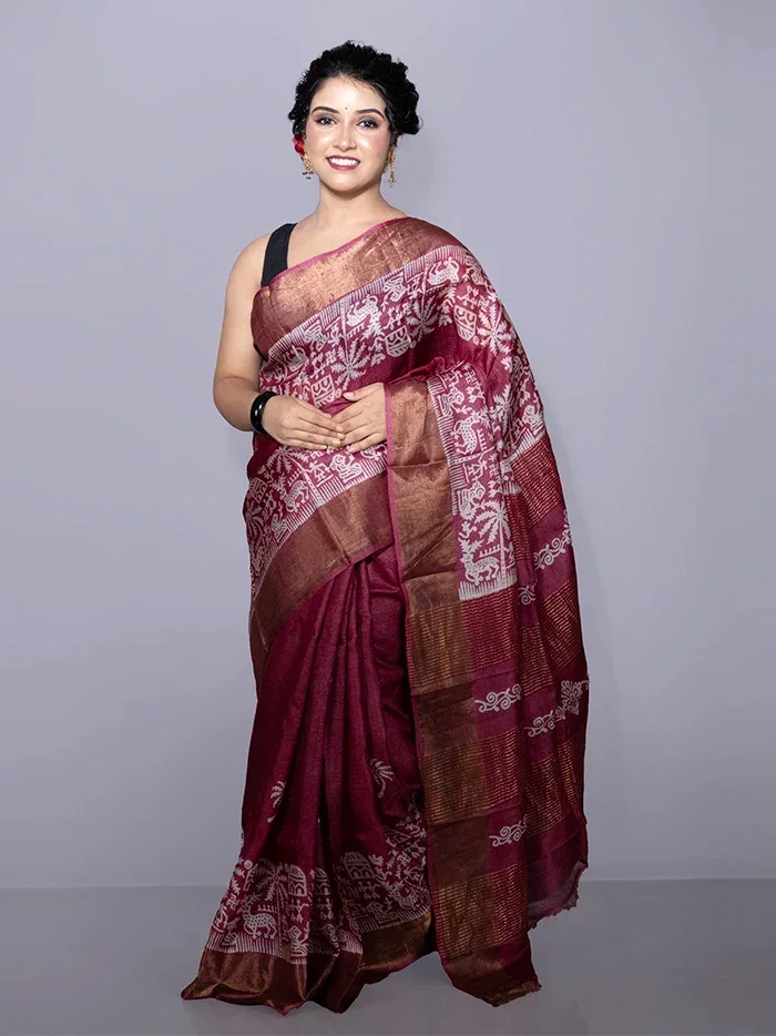 Elegant Par Anchal Buti Block Printed Tussar Silk Saree - WeaversIndia