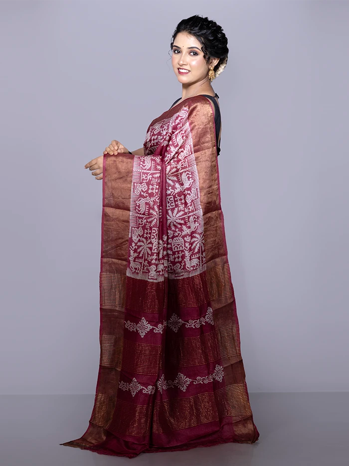 Elegant Par Anchal Buti Block Printed Tussar Silk Saree