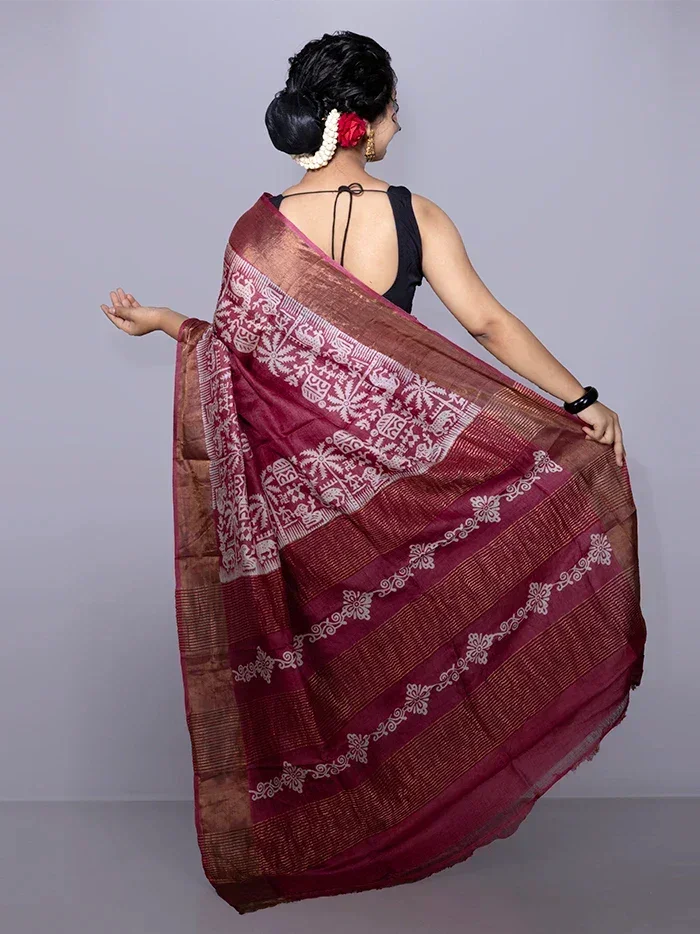 Elegant Par Anchal Buti Block Printed Tussar Silk Saree - WeaversIndia
