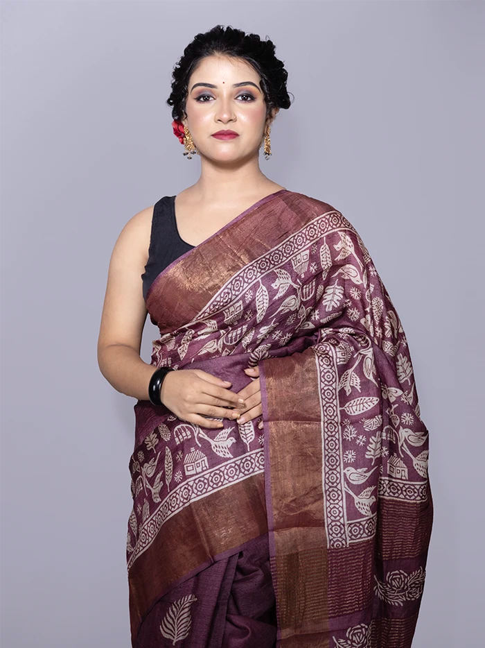 Elegant Par Anchal Buti Block Printed Tussar Silk Saree