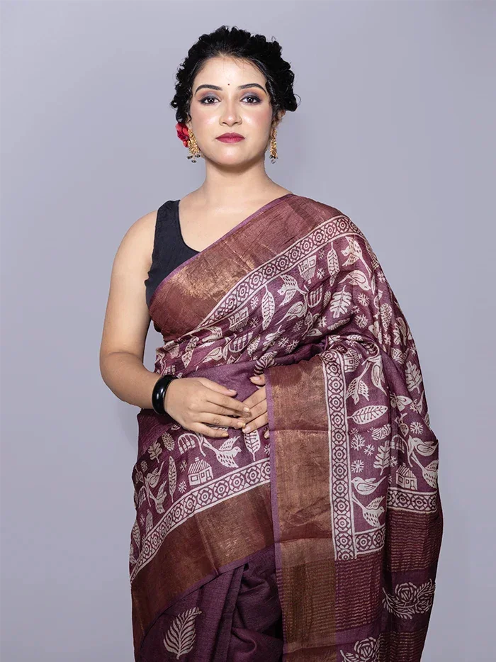 Elegant Par Anchal Buti Block Printed Tussar Silk Saree - WeaversIndia