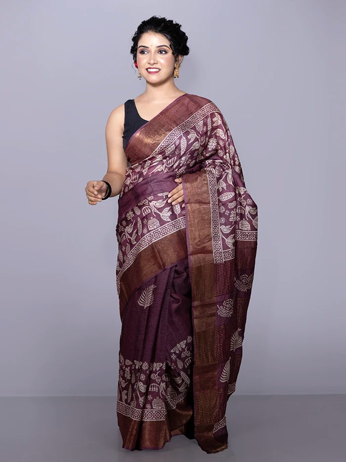Elegant Par Anchal Buti Block Printed Tussar Silk Saree