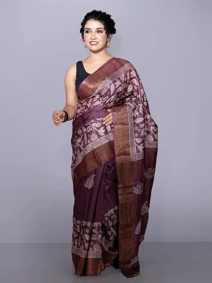 Elegant Par Anchal Buti Block Printed Tussar Silk Saree - WeaversIndia