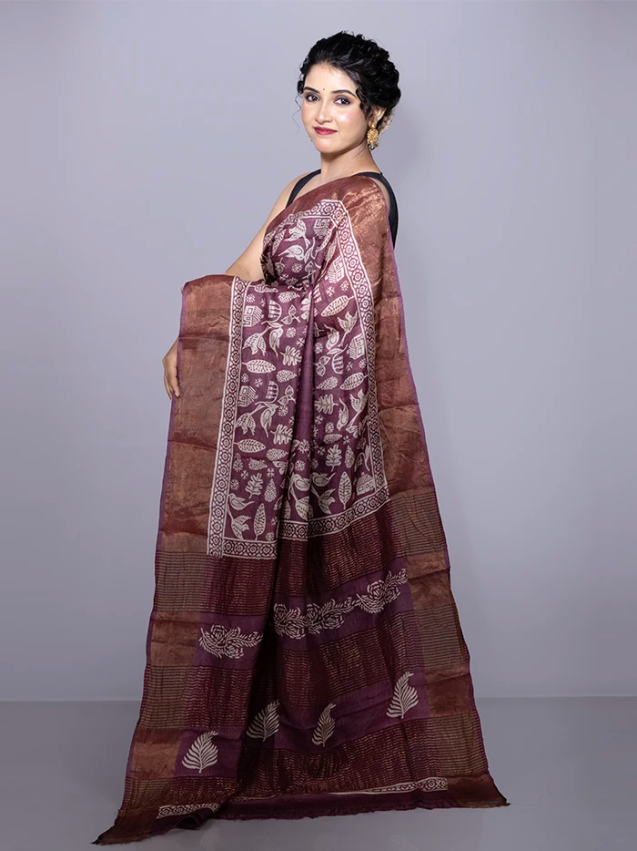 Elegant Par Anchal Buti Block Printed Tussar Silk Saree