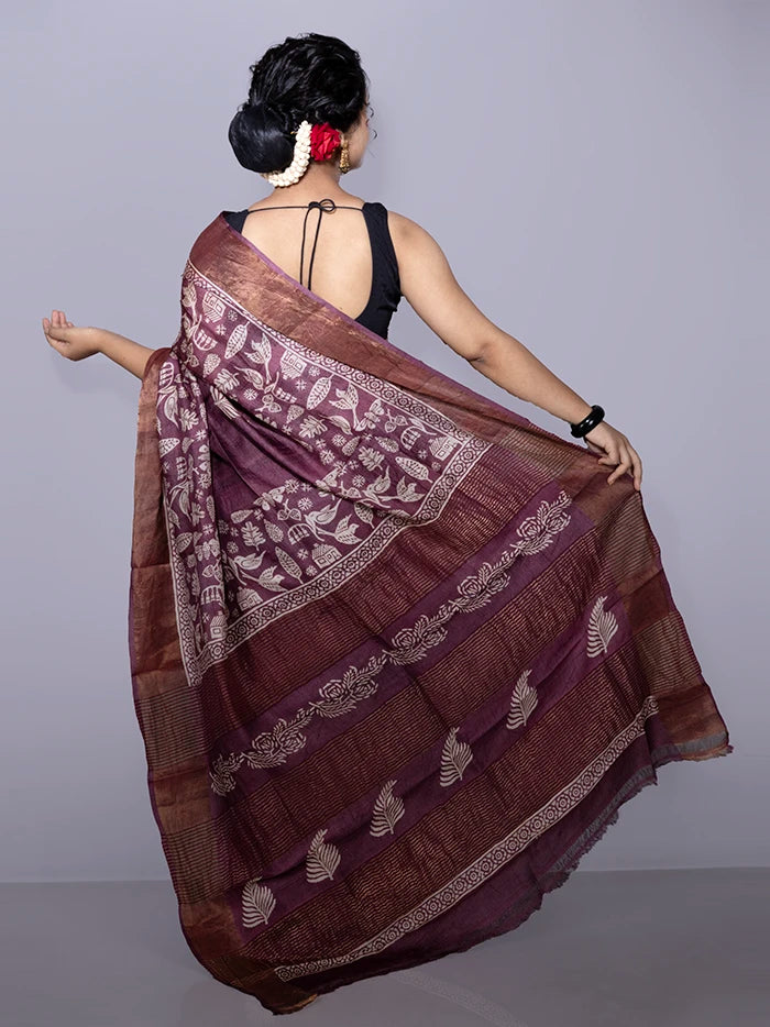 Elegant Par Anchal Buti Block Printed Tussar Silk Saree