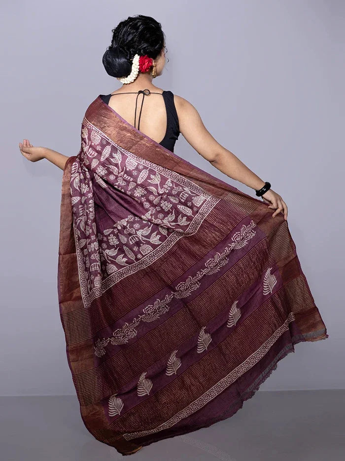 Elegant Par Anchal Buti Block Printed Tussar Silk Saree - WeaversIndia