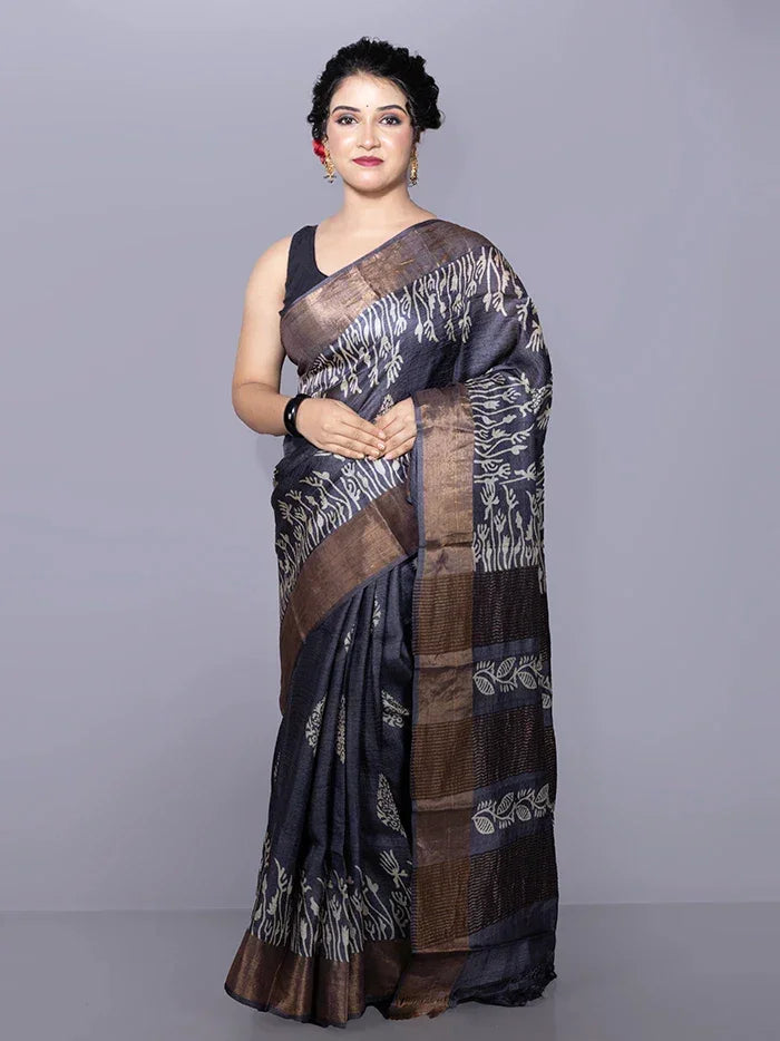 Elegant Par Anchal Buti Block Printed Tussar Silk Saree - WeaversIndia