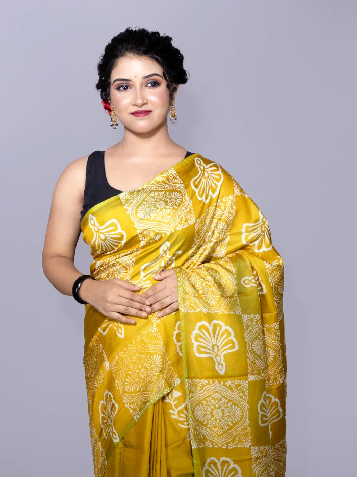 Mustard Printed Bishnupuri Katan Silk Saree