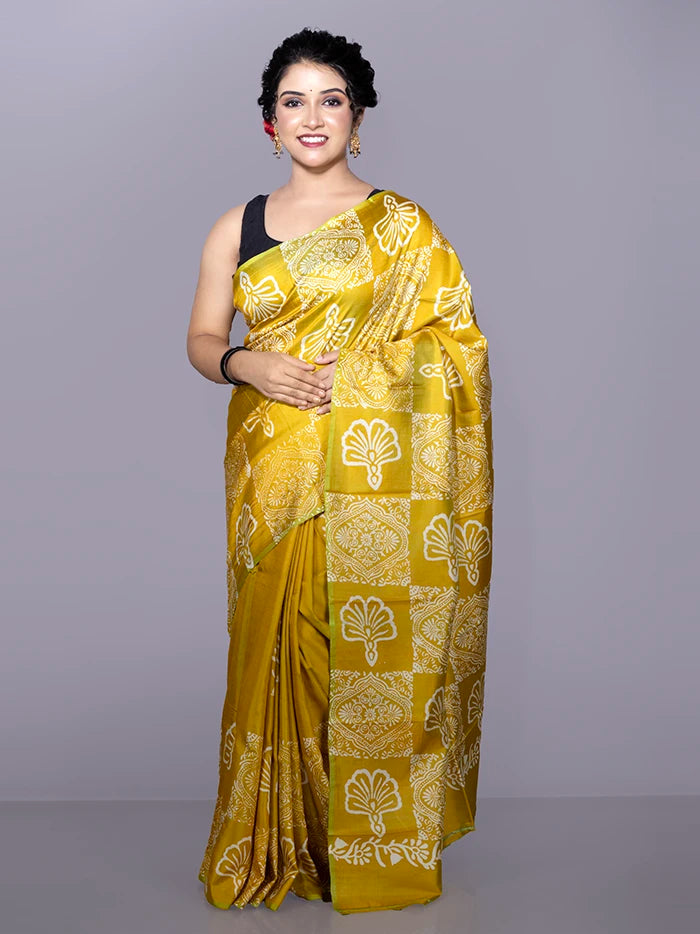 Mustard Printed Bishnupuri Katan Silk Saree
