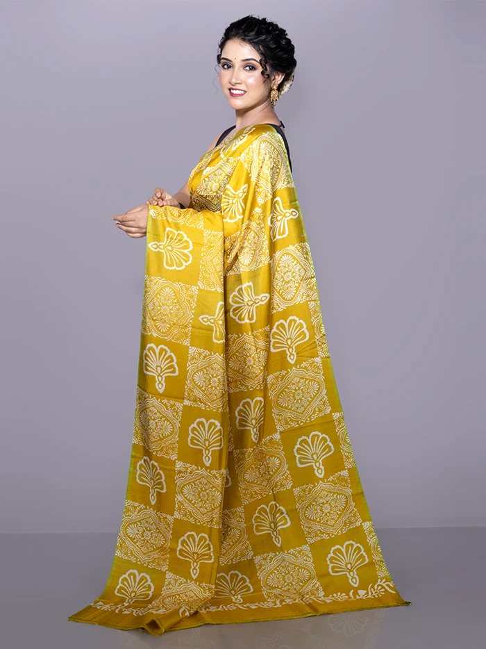 Mustard Printed Bishnupuri Katan Silk Saree